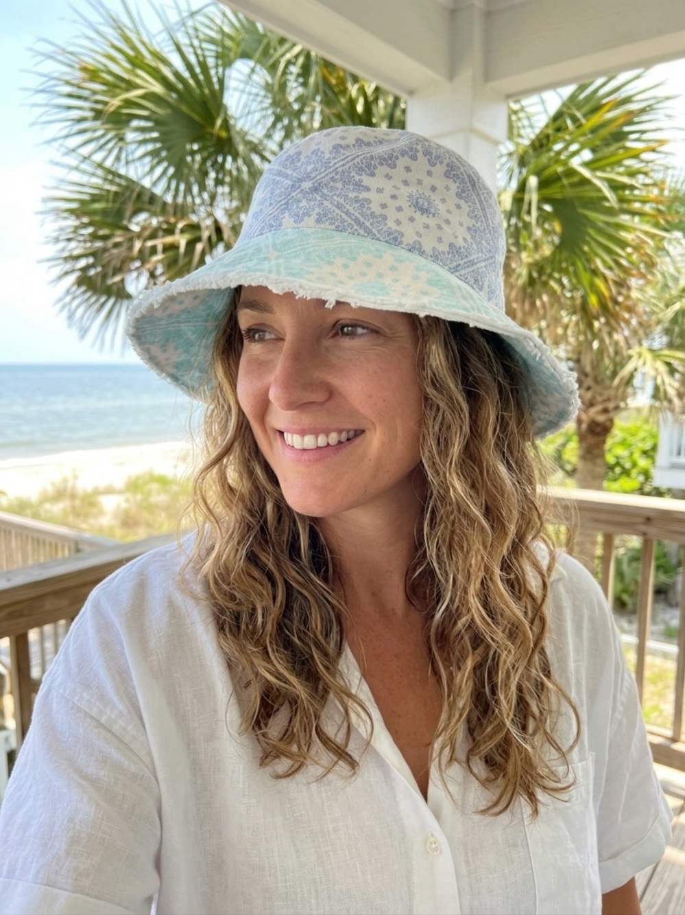 Free People Blue Paisley Bandana Raw Edge Bucket Hat